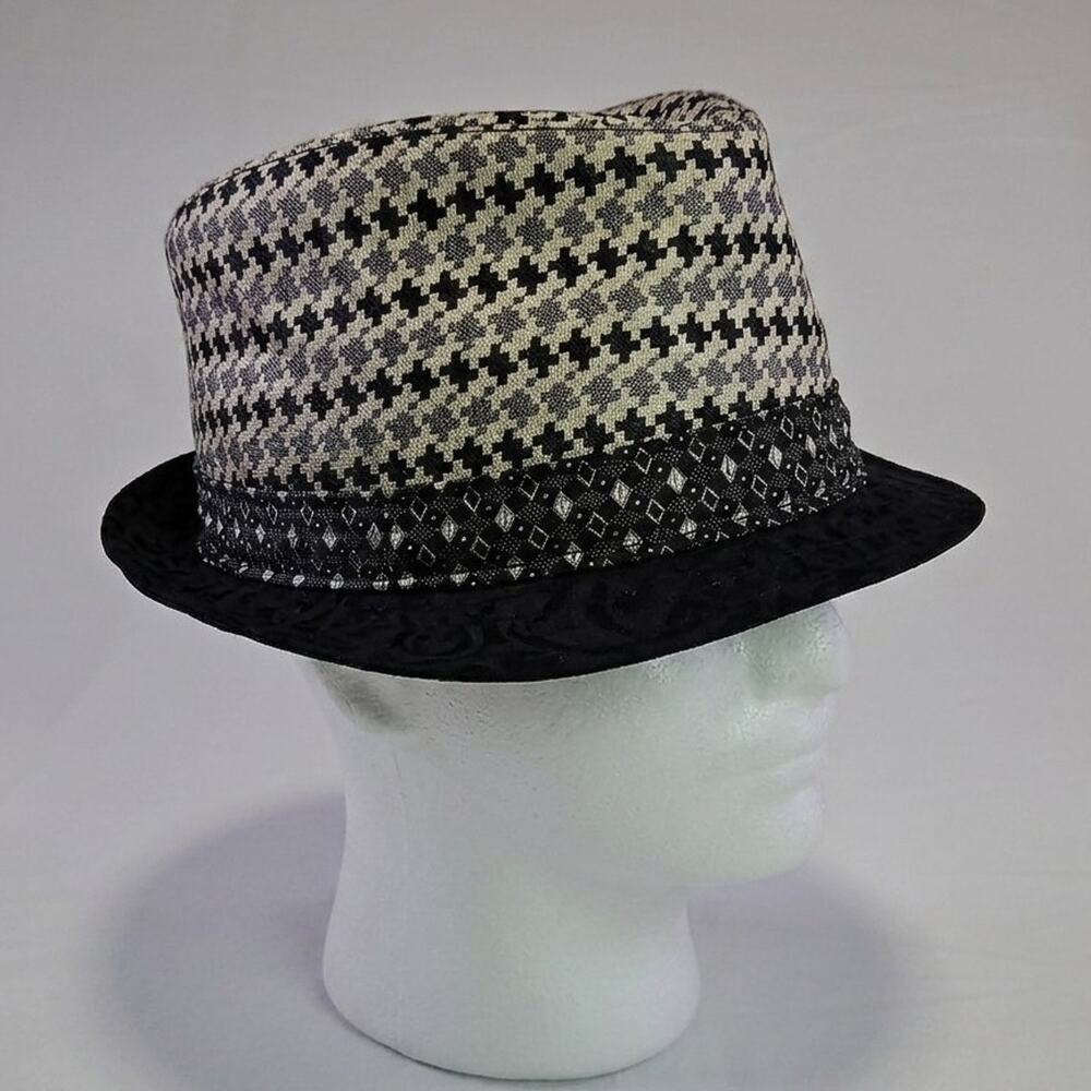 Robert Graham Trilby Fedora 100% Silk Hat Mens S/M Houndstooth Black Gray Crest